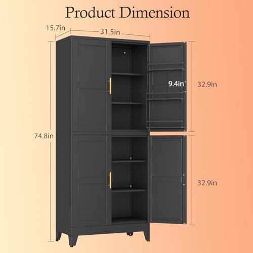 Black Kitchen Pantry Storage Cabinet, 75" Metal Storage Cabinet - Image 2