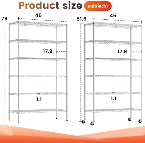 BestOffice | 6-Tier Wire Shelf with Wheels | 45" x 18" x 82" | Chrome - Image 3