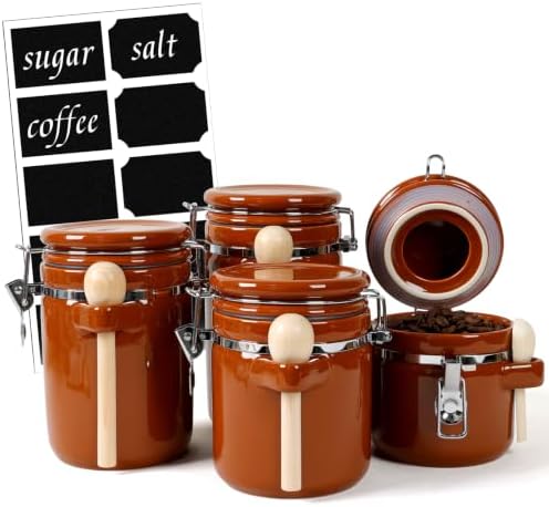 4 Piece Airtight Ceramic Canister Set With Attached Wooden Spoon Reusable Chalk Labels For Dry Goods Sugar Coffee Tea Kitchen Storage Use (Brown) by TryitBuyitYoulllikeit