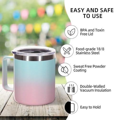 Volhoply 14oz Insulated Stainless Steel Coffee Mug with Lid Bulk 4 Pack,Double Wall Vacuum Travel Coffee Cup with Handle,Reusable Cups Tumbler,Camping Mugs Keep Hot,Ideal Gifts(Green Pink,4) - Image 4