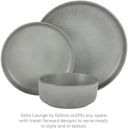 Gibson Elite Pasco 12 Piece (Service for 4) Plates and Bowls Reactive Glaze Dishes Stoneware Ceramic Dinnerware Set - Grey - Image 3