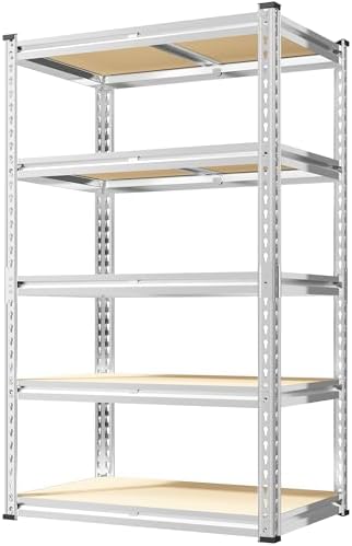 REIBII 2000LBS Storage Shelves 5 Tier Garage Shelving Heavy Duty Metal Shelving Adjustable Garage Shelves for Pantry Closet Kitchen Basement 28" W x 13.8" D x 59.8" H, Silver by REIBII