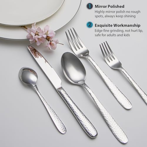 Hammered Silverware Set, EIUBUIE 40-Piece Stainless Steel Flatware Set for 8, Mirror Finish Tableware Kitchen Cutlery Sets, Durable Home Eating Utensils Sets Includes Fork Spoon Knife, Dishwasher Safe - Image 5