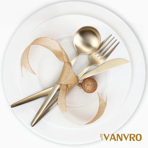 VANVRO Champagne Gold Silverware Set, 60-Piece Stainless Steel Flatware set,Matte Silverware Sets Service for 12, Tableware Cutlery Satin Finish Utensils for Kitchen,Dishwasher Safe - Image 3