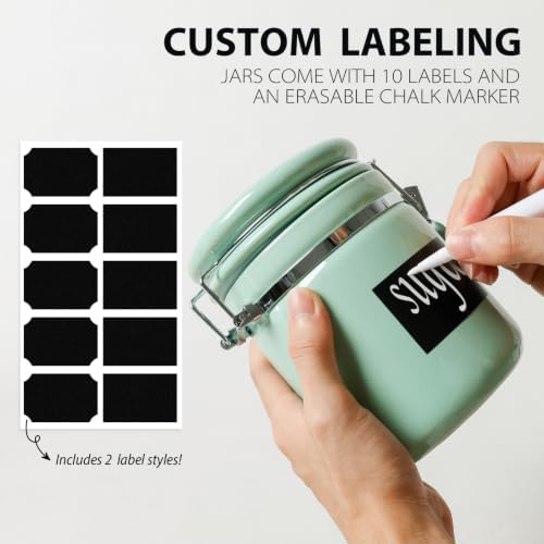 4 Piece Airtight Ceramic Canister Set With Attached Wooden Spoon Reusable Chalk Labels For Dry Goods Sugar Coffee Tea Kitchen Storage Use (Mint Green) - Image 2