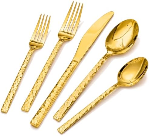 60 Piece Gold Silverware Set,18/10 Stainless Steel Hammered Flatware for 12 by KINGSTONE