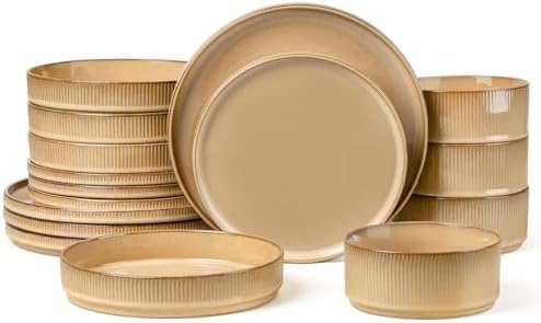 LIANYU 16 Piece Dinnerware Sets with Double Bowls, Ceramic Plates and Bowls Set for 4, Ribbed Stoneware Dishes, Microwave and Dishwasher Safe, Dune Khaki by LIANYU