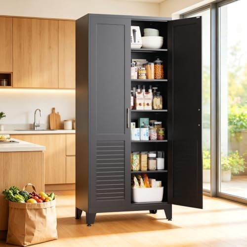 74.8" H Tall Storage Cabinet, Kitchen Pantry Cabinet with Doors, Black Freestanding Kitchen Cabinet for Kitchen, Dining Room & Pantry Organization, Adjustable Shelves, 74.8" Hx31.5 Wx15.7 D by AXASIIO