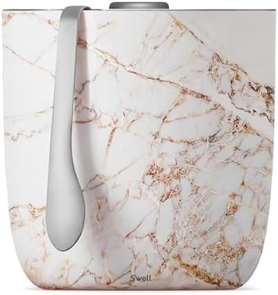 S'well Stainless Steel Ice Bucket with Tongs - Holds 68oz of Ice - Calcatta Gold - Triple-Layered Vacuum-Insulated Container Designed to Keep Ice Colder, Longer - BPA-Free Designer Barware Accessories by Swell