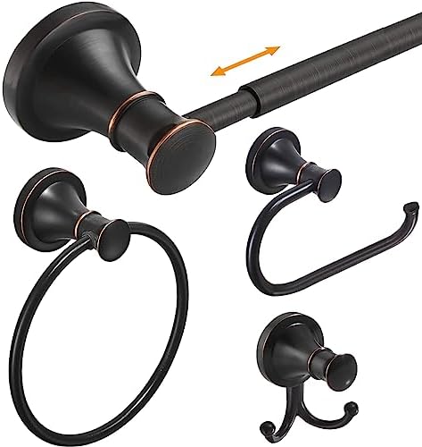 Hoimpro Oil Rubbed Bronze Bathroom Accessory Set, 4-Piece Wall Mount Hardware with Adjustable Towel Bar Rack, Towel Ring, Paper Towel Holder, Double Towel Hooks by Hoimpro