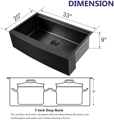 VAPSINT 33 Inch Black Farmhouse Kitchen Sink, 33x20x9 Inches Stainless Steel Undermount 16 Gauge Deep Single Bowl Apron Front Workstation Ledge Farm Sink with Accessories - Image 4