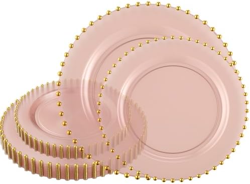 PLASTICPRO 32 Piece Combo Plastic Dinner Plates Disposable Plastic Fancy Heavy Duty Party Dishes 7 inch and 10 inch, Translucent Rose and Gold Beaded by PLASTICPRO
