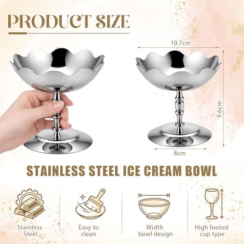 6 Pcs Stainless Steel Ice Cream Bowls Mini Silver Serving Pudding Dessert Cup Sauce Bowls Round Footed Yogurt Snack Candy Cups for Mousse Fruit Salad Wedding Party Favor - Image 2