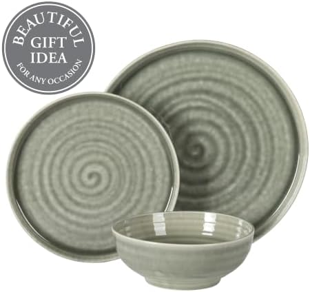 Gibson Elite Eclipse Swirls Plates and Bowls Sets, 12-Piece Stoneware Dinnerware Sets, Reactive Glaze Dish Set - Green - Image 4
