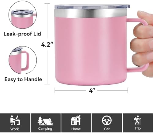 VEGOND 14 oz Insulated Coffee Mug Bulk with Handle, Stainless Steel Travel Coffee Mug with Lid, Double Wall Vacuum Metal Coffee Cup, Coffee Tumbler Powder Coated, Pink 8 Pack - Image 3