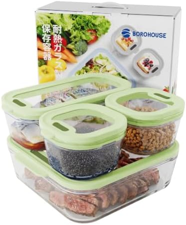 4-Pack Glass Food Storage Containers with Tempered Lids – Borosilicate, Airtight, Oven-Safe (-4°F~950°F), BPA-Free, 1Cup*2 & 2.3Cup*1 & 5.7Cup*1(Olive green) by BOROHOUSE