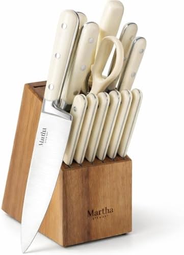MARTHA STEWART Eastwalk 14 Piece High Carbon Stainless Steel Cutlery Kitchen Knife Block Set w/ABS Triple Riveted Forged Handle Acacia Wood Block - Linen White by MarthaStewart