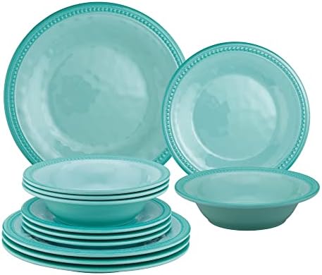 UPware 12 Piece Beaded Melamine Dinnerware Sets, Outdoor Dishes Set, Plates and Bowls Sets, Service for 4, Aqua Blue by UPware
