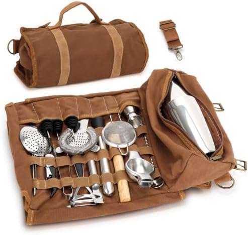 Portable Bartender Kit with Canvas Roll-Up Bag, Complete Cocktail Shaker Set & Stainless Steel Bar Tools for Home Bar, Camping, Parties and Travel by EnjoyDrizzlenEnjoyYourLife