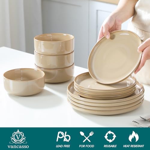 vancasso PLAYA Plates and Bowls Sets,12 Pieces Brown Dinnerware Sets for Kitchen, Reactive Glaze Dishes Set for 4, Dishwasher and Microwave Safe - Image 3