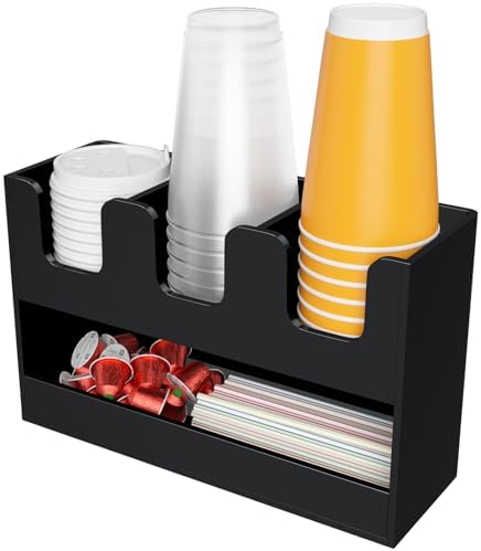 Beego 4-Compartment Cup Holder for Countertop - 2-Tier Black Acrylic Cup Dispenser Coffee Station Paper Cup and Lid Organizer Condiment Storage for Restaurant Breakroom Kitchen Bar Accessories by beegoofficial