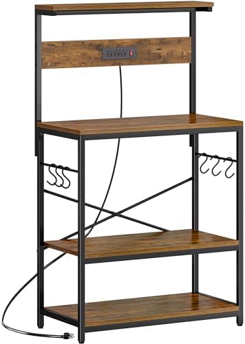 SUPERJARE Bakers Rack with Power Outlets, Microwave Stand, 31.5 X 16.5 Inch Larger Desktop, Kitchen Storage Rack with Adjustable Middle Shelf, 6 S-Shaped Hooks, Coffee Bar Stand, Rustic Brown by SUPERJARE