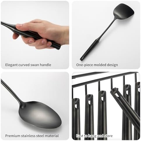 304 Stainlss Steel Matte Kitchen Utensils Set, 11 Pcs Long Metal Cooking Utensil Gadgets Tools Set with Spatula, Ladle, Spoon, Ladle, Skimmer, Tunner, Pasta Server, Tongs(Black, Dishwasher Safe) - Image 5