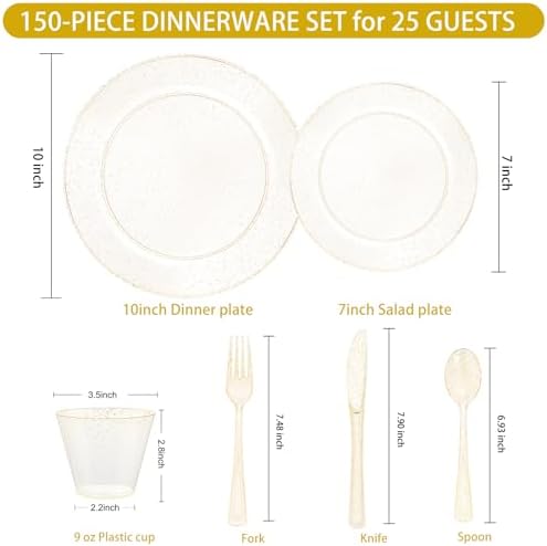 WELLIFE Gold Glitter Disposable Plates, Dinnerware Set for 25 Guests - Image 6