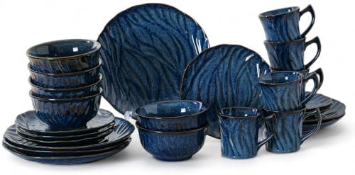 Ceramic Dinnerware Sets for 6, 24 pcs Plates and Bowls Sets, Reactive Glaze Ceramic Dish Set, Scratch Resistant, Microwave & Dishwasher Safe, Highly Chip and Crack Resistant Dishware sets, Ocean Blue by Unknown