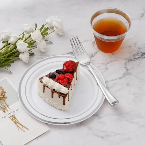 BESTVIP 600PCS Silver Plastic Plate Set (100 Guests), Disposable Plates for Party Wedding Birthday, Dinnerware Set of 200 Plastic Plates, 200 Forks, 100 Spoons, 100 Knives for Christmas - Image 3