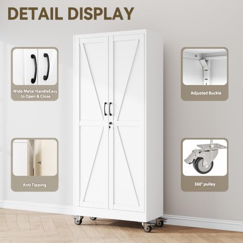 Metal Storage Cabinets with Wheels, Steel Tool Cabinets Lock Door and 4 Adjustable Shelves for Home Office, Garage, Kitchen (White, 70.9" H) - Image 3