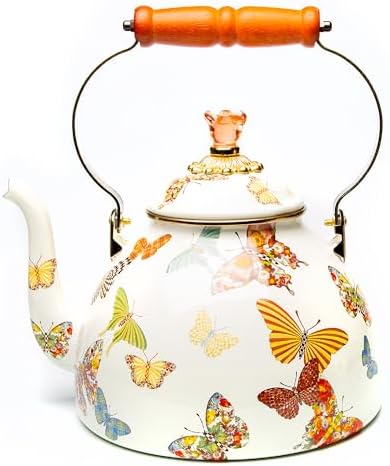 MACKENZIE-CHILDS Tea Kettle, 2 Quarts, White Butterfly Garden by Unknown