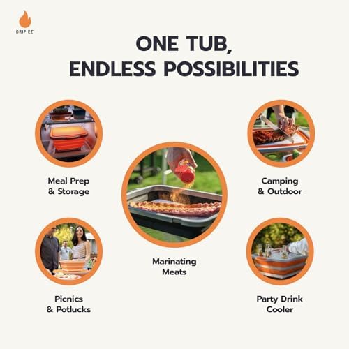 Drip EZ Collapsible BBQ Prep Tub - For Meal Prep Marinating Food Storage - Includes Cutting Board & Locking Lid - (1) XL - Orange - Image 5