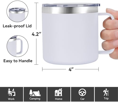 VEGOND 14 oz Insulated Coffee Mug Bulk with Handle, Stainless Steel Travel Coffee Mug with Lid, Double Wall Vacuum Metal Coffee Cup, Coffee Tumbler Powder Coated, White 4 Pack - Image 3