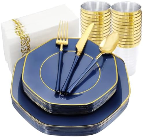 KIRE 140Pcs Blue Plastic Plates with Gold Rim - Navy Blue Plates for Party by KIRE