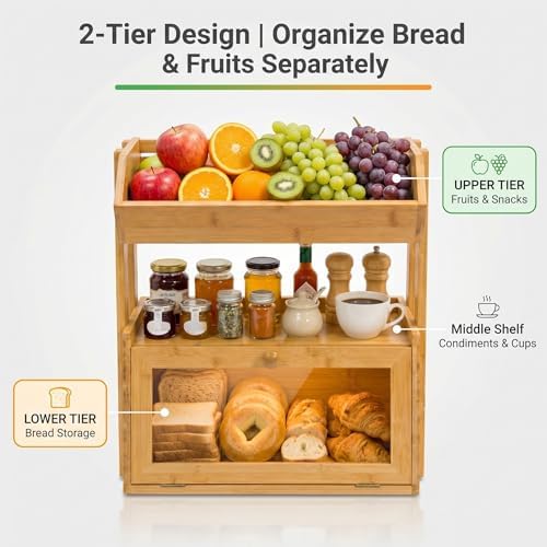 3-Tier Bamboo Bread Box for Kitchen Countertop with Fruit Basket - Image 4