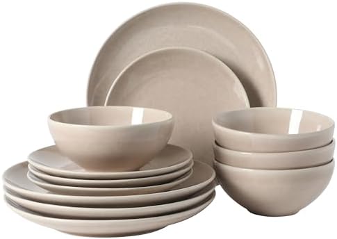 Gibson Elite Castle Peak Plates and Bowls Set, 12-Piece Dinnerware Set, Taupe Reactive Glaze Stoneware Dishes, Dinner Plates, Salad Plates & Cereal Bowls by GibsonHomewares