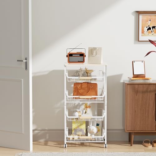 NiuYichee 5-Layer Fruit Basket Kitchen Food Storage Organizer and Storage Rack, Stackable Storage cart with Desktop, Pull-Out Hollow Metal Storage Basket, Wheeled Sorting Rack Spice Rack - Image 3