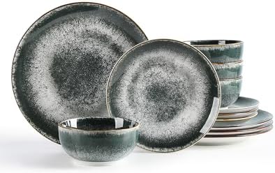 Sweejar Dinnerware Sets Service for 4,12 pcs Porcelain Plates and Bowls for Kitchen, Housewaring Gift,Chip and Scratch Resistant Dish Set,Handmade Dishwasher and Microwave Safe Plate Set,Dark Green by Sweejarco1949
