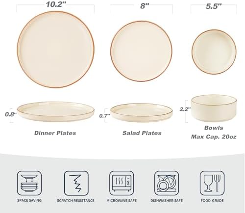 Famiware Nebula 12-Piece Dinnerware Set, Vanilla White with Brown Rim - Image 2