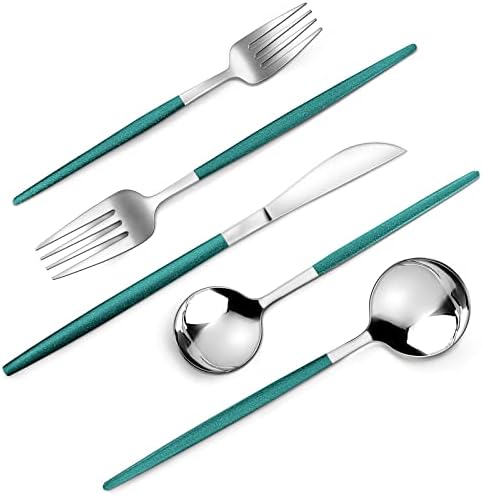 VANVRO Mirror Silver Green Silverware Set, 20-Piece Stainless Steel Flatware Set, Satin Finish tableware Cutlery Set, Service for 4, Home and Restaurant, Dishwasher Safe by VANVRO