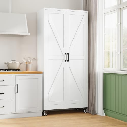 Letaya Metal Garage Storage Cabinet with Wheels,72”H White Kitchen Pantry - Image 4