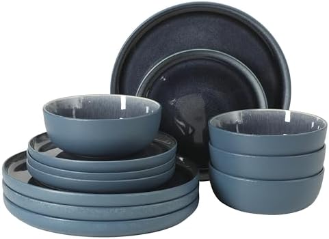Gibson Elite Reactive Stoneware Dinnerware Set - Tahoe Sunset Matte Exterior & Shiny Interior Blue | 12-Piece – Plates and Bowls, Durable Everyday Dish Set, Microwave & Dishwasher Safe by GibsonHomewares