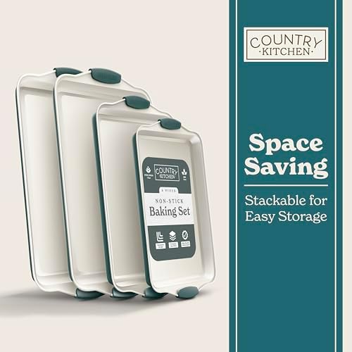 Country Kitchen Nonstick Stackable Bakeware Set - Heavy Duty, Durable, Easy Release Baking Set, Sage, 4 Pcs - Image 7