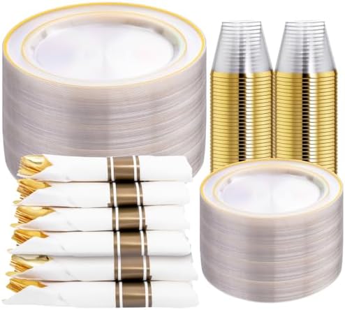 DaYammi 350PCS Clear Gold Plastic Dinnerware Set for 50 Guests by DaYammiwillaccompanyyou