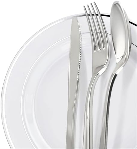 OCCASIONS 120 Plates Pack,(60 Guests) Heavyweight Premium Wedding Party Disposable Plastic Plates Set -60 x 10.5'' Dinner + 60 x 7.5'' Salad/Dessert (White & Silver Rim) - Image 6