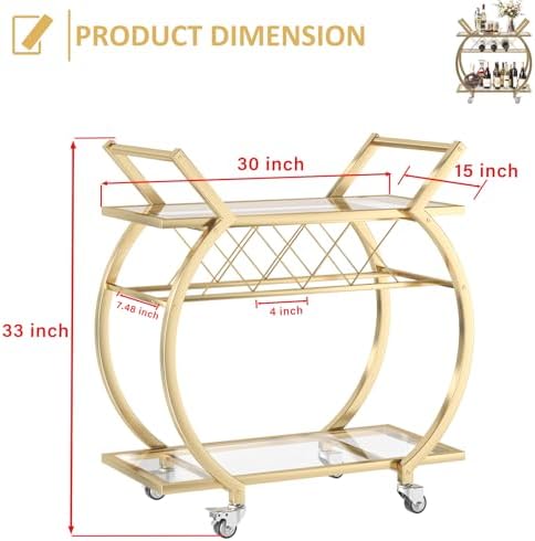 LVB Gold Bar Cart with Glass, Bar Cart with Wheels, Wine Cart with Storage - Image 2