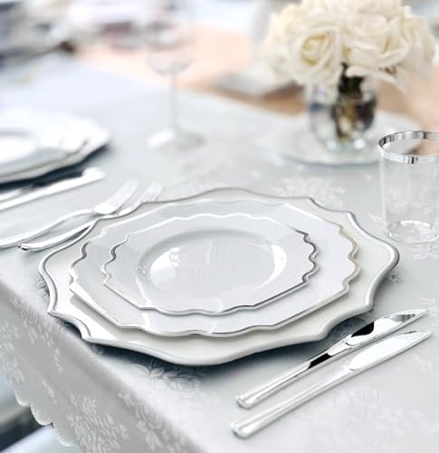 " OCCASIONS " 960 Piece set (120 Guests)-Heavyweight Wedding Party Disposable Plastic Plate Set - 120 x 10.5'' + 120 x 8'' + Silverware+12oz Cups+Napkins (Imperial in White & Silver Rim) - Image 3