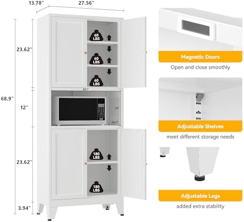 YAUWOH 69" Tall Metal Kitchen Pantry Cabinet with Microwave Shelf, 4 Doors & 3 Adjustable Shelves, Heavy Duty Food Storage Cabinet with Anti-Tip Design for Kitchen,Dining Room (1PC,White) - Image 3