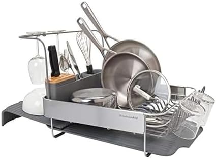 KitchenAid Compact to Full Size Expandable, Rust Resistant Satin Coated Dish Rack with Angled Self Draining Drain Board and Removable Flatware Caddy, 24-Inch, Charcoal by Unknown